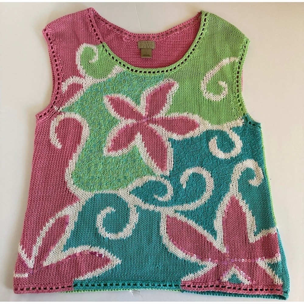 Vintage Sigrid Olsen Y2K Linen Blend Knit Sleeveless Top L Floral Sequin Coastal - Picture 5 of 5
